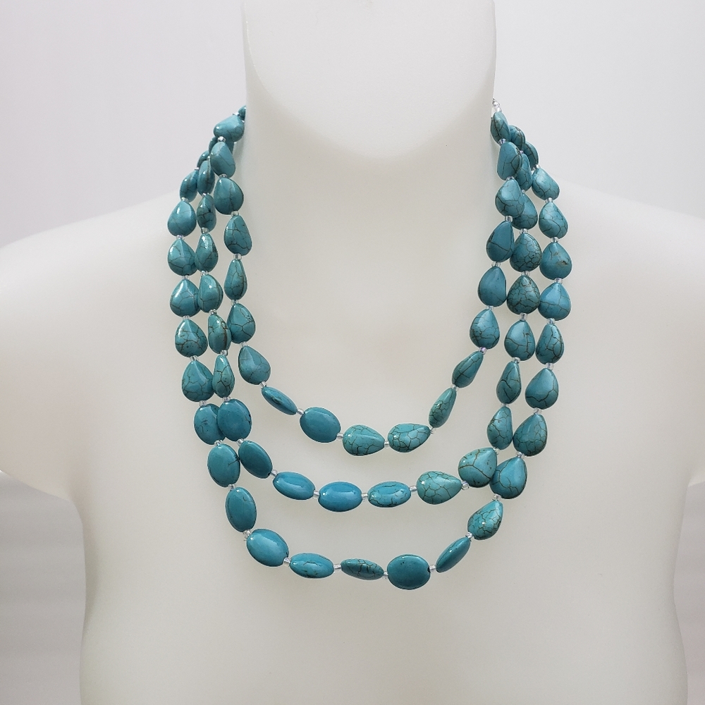 NEW Blue Howlite 3 Row Beaded Necklace in Silvertone